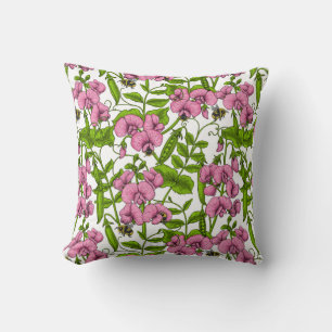 Sweet peas and bumblebees, pink, green and white throw pillow