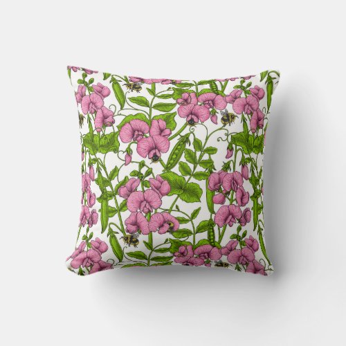 Sweet peas and bumblebees pink green and white throw pillow