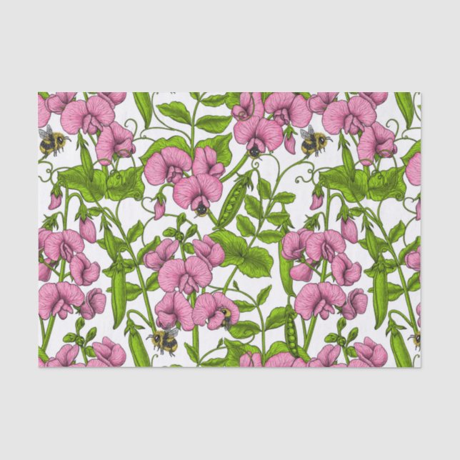 Sweet peas and bumblebees, pink, green and white tissue paper (Front)