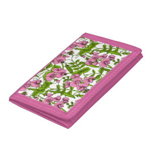Sweet peas and bumblebees, pink, green and white trifold wallet