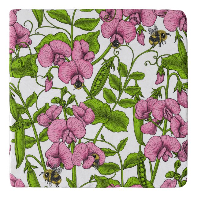Sweet peas and bumblebees, pink, green and white trivet (Front)