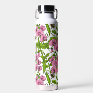 Sweet peas and bumblebees, pink, green and white water bottle