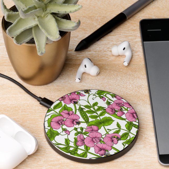 Sweet peas and bumblebees, pink, green and white wireless charger  (Desk 2)