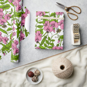 Sweet peas and bumblebees, pink, green and white wrapping paper
