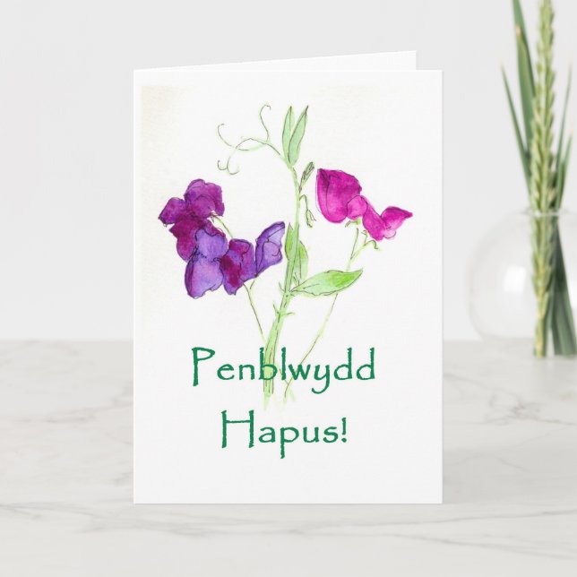 Sweet Peas Birthday Card - Welsh Greeting (Front)