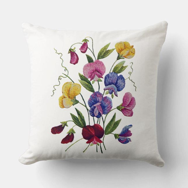 Sweet Peas Faux Crewel Embroidery Pillow (Front)