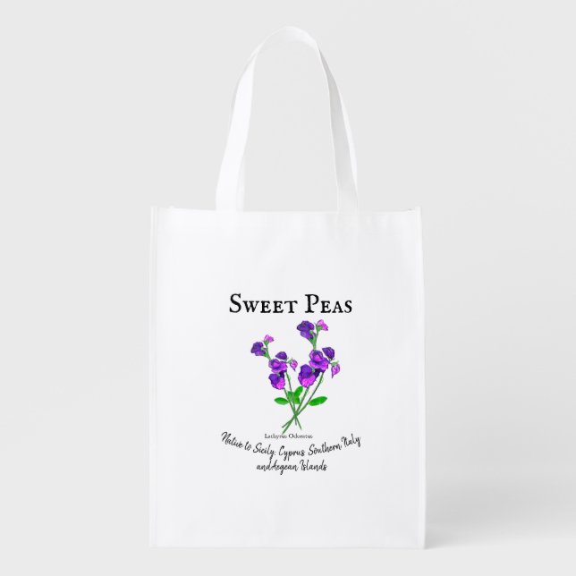 Sweet Peas Purple Flowers Art with Text Botanical Grocery Bag (Front)
