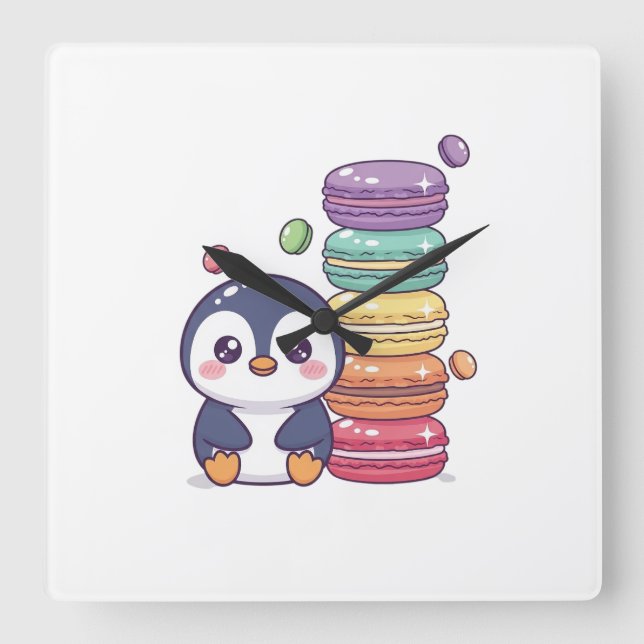 Sweet Penguin Macaron Stack Square Wall Clock (Front)