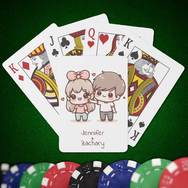 Sweet Personalized Chibi-Style Flirting Couple  Poker Cards (Sweet Personalized Chibi-Style Flirting Couple Playing Cards
)