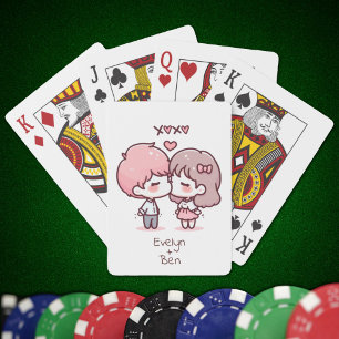 Sweet Personalized Chibi-Style Kissing Couple Poker Cards