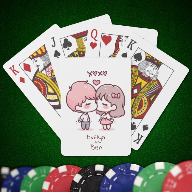 Sweet Personalized Chibi-Style Kissing Couple  Poker Cards (Sweet Personalized Chibi-Style Kissing Couple Playing Cards)
