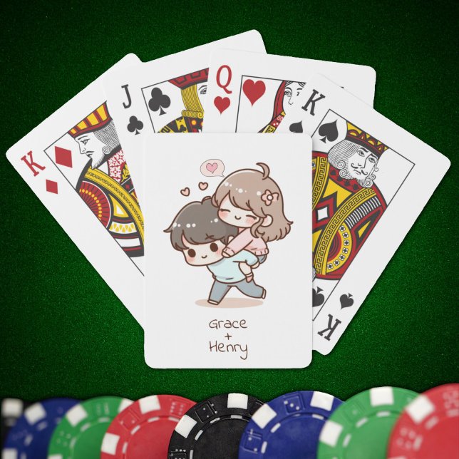 Sweet Personalized Chibi-Style Playful Couple  Poker Cards (Sweet Personalized Chibi-Style Playful Couple Playing Cards)