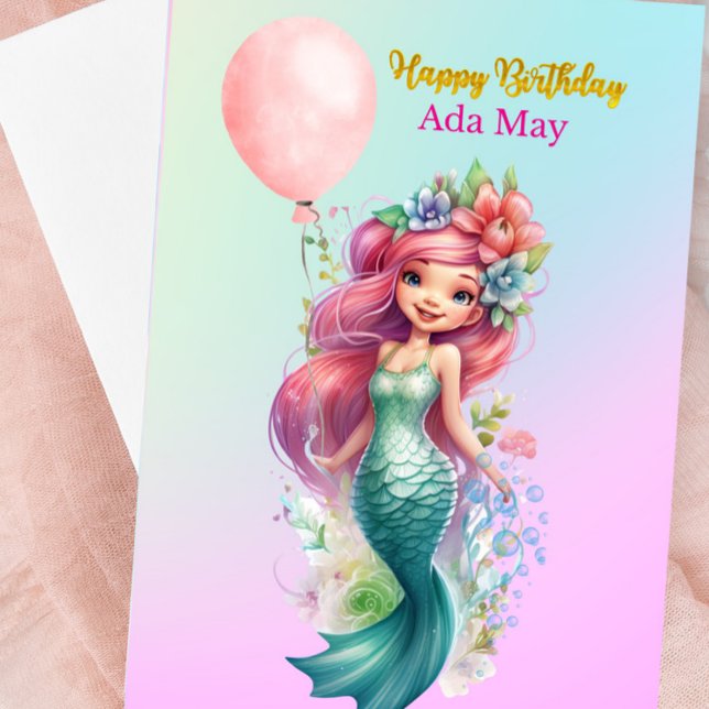 Sweet Personalized Mermaid Birthday Card for Girls (Mermaid Happy Birthday Card)