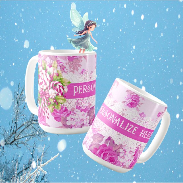  Sweet Personalized Pink and Purple Christmas Coffee Mug (Personalize this mug for someone special, maybe fill it with candy canes for a sweet gift!)