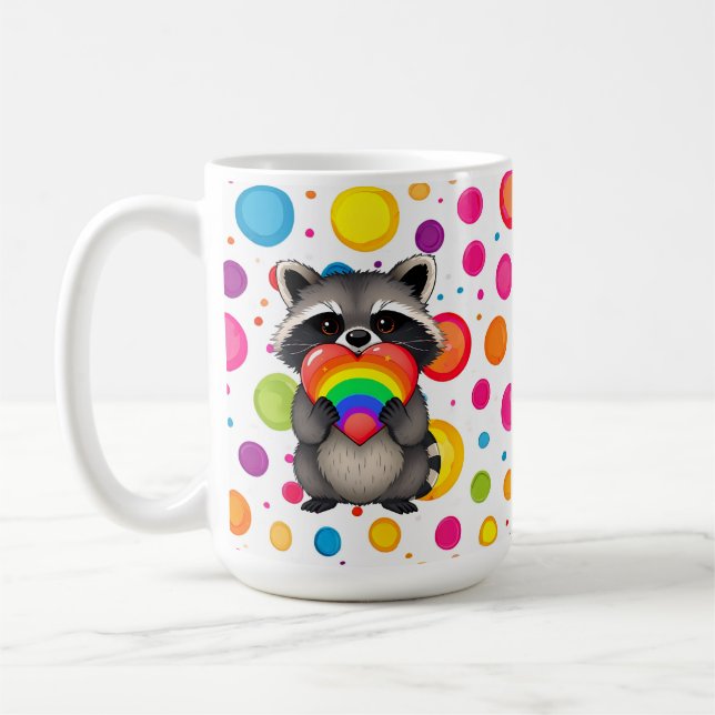 Sweet Personalized Raccoon with Rainbow Heart Coffee Mug (Left)