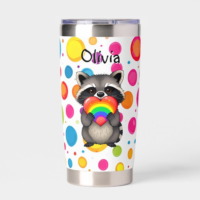 Sweet Personalized Raccoon with Rainbow Heart Insulated Tumbler (Front)