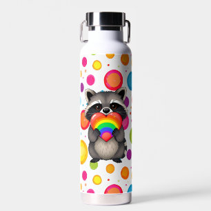 Sweet Personalized Raccoon with Rainbow Heart Water Bottle