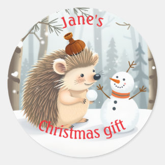 Sweet personlized hedgehog and snowman classic round sticker