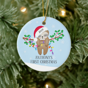 Sweet Photo Sleepy Sloth Baby's First Christmas Ceramic Ornament
