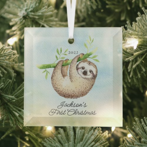 Sweet Photo Sloth Babys First Christmas Glass Ornament