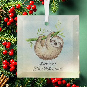 Sweet Photo Sloth Baby's First Christmas Glass Ornament