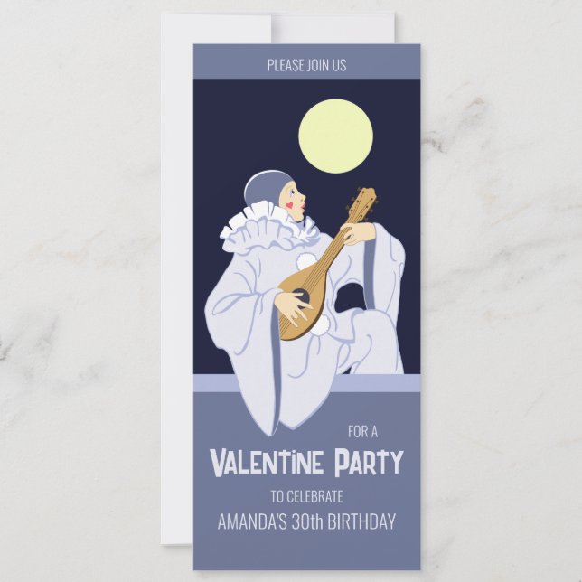 Sweet Pierrot clown playing lute CC0165 Birthday  Invitation (Front)