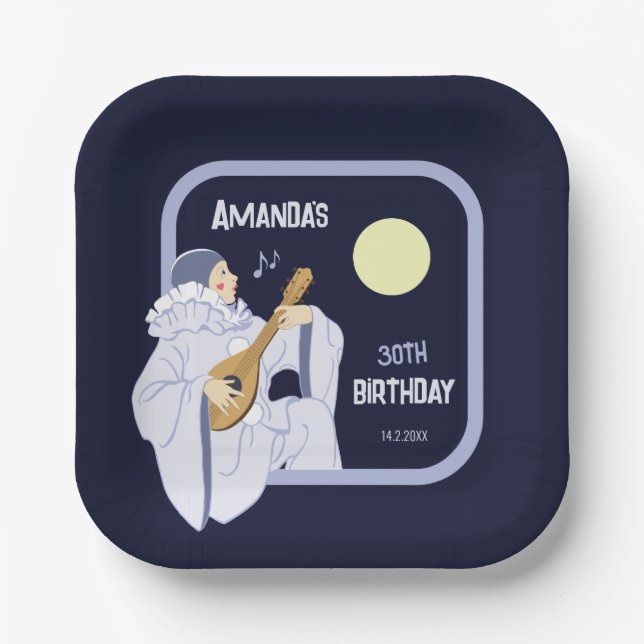 Sweet Pierrot clown playing lute CC1271 birthday Paper Plates (Front)