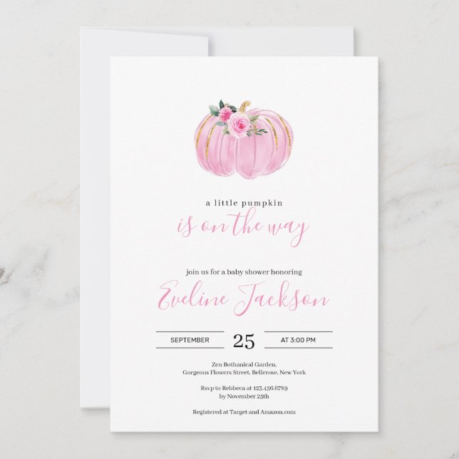 Sweet pink a little pumpkin as in the way baby invitation (Front)
