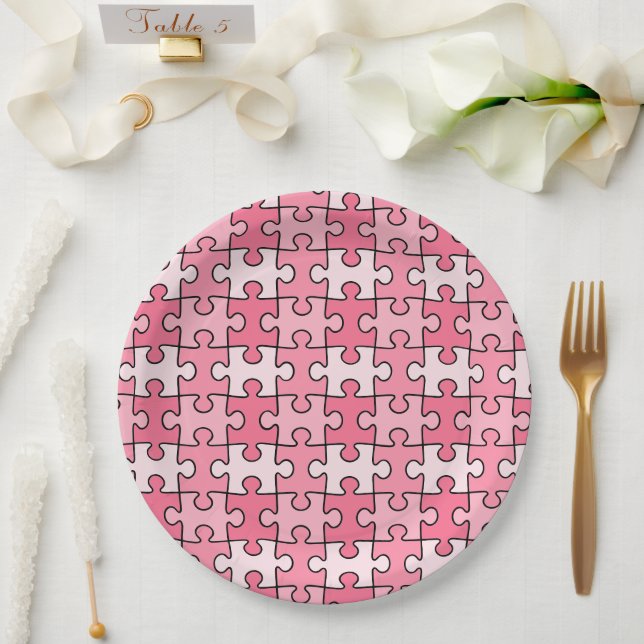 Sweet Pink and Black Puzzle Pieces Paper Plates (Wedding)