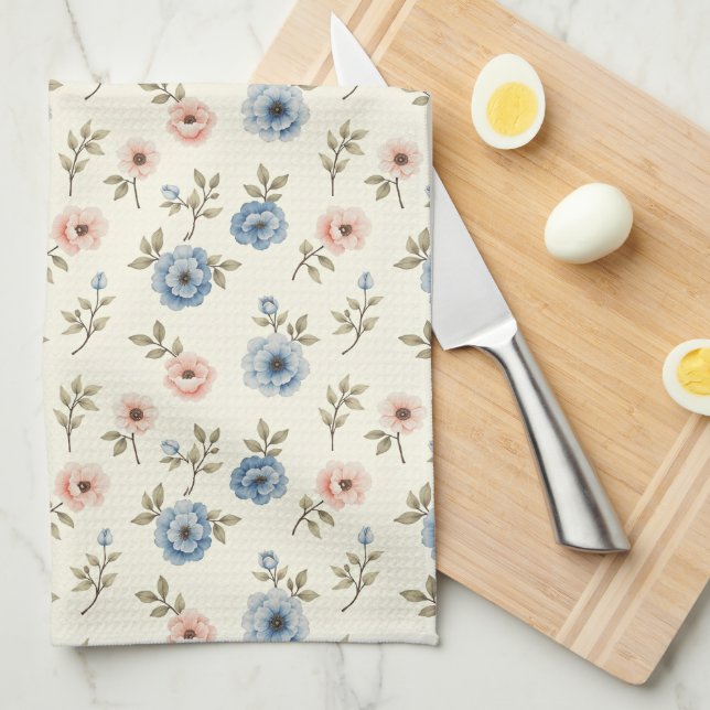 Sweet Pink and Blue Floral Kitchen Towel (Quarter Fold)
