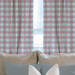 Sweet Pink and Blue Hand-Drawn Checkered Plaid Sheer Curtains