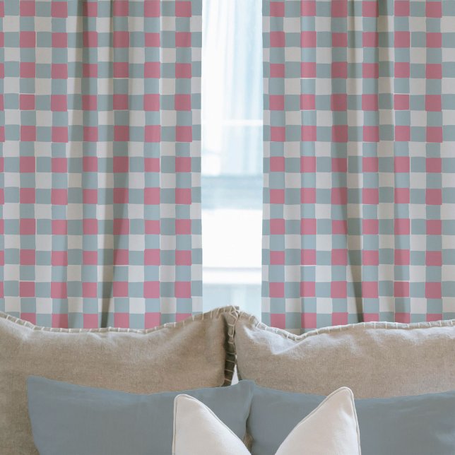 Sweet Pink and Blue Hand-Drawn Checkered Plaid  Sheer Curtains (Sweet Pink and Blue Hand-Drawn Checkered Plaid Curtains)