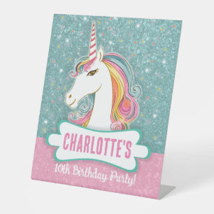 Sweet Pink and Blue Unicorn Birthday Party Pedestal Sign