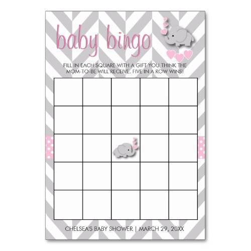 Sweet Pink and Gray Elephant Baby Shower Bingo Table Number