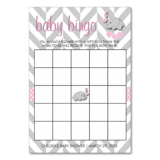 Sweet Pink and Gray Elephant Baby Shower Bingo Table Number (Front)