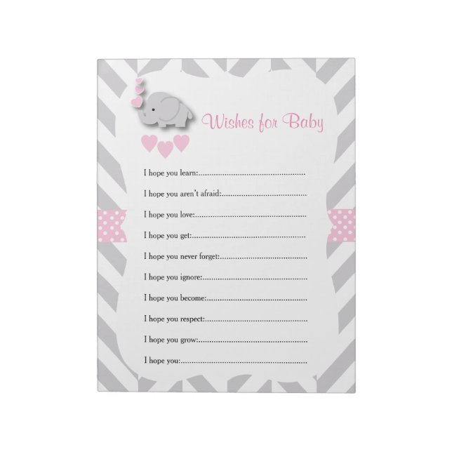 Sweet Pink and Gray Elephant Baby Shower - Wishes Notepad (Rotated)