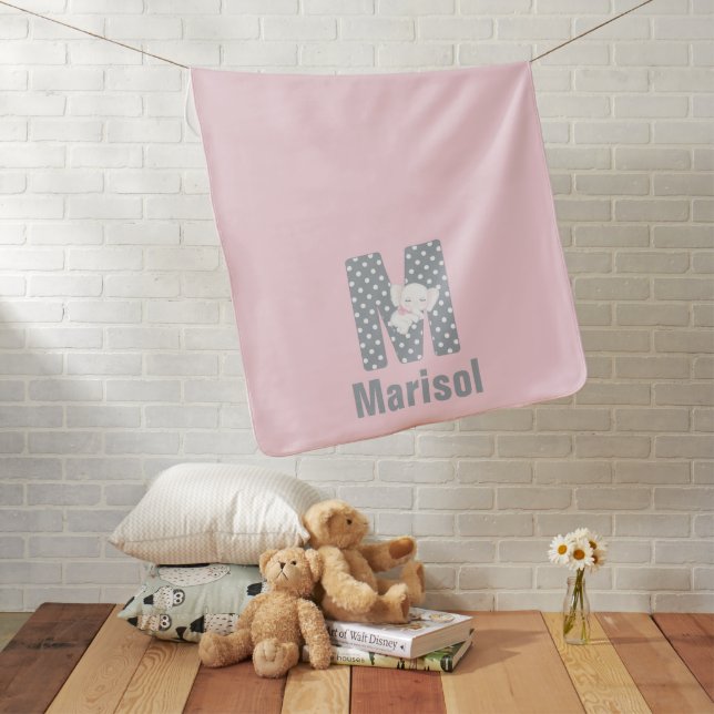 Sweet Pink and Gray Letter M Personalized Baby Blanket (In Situ)
