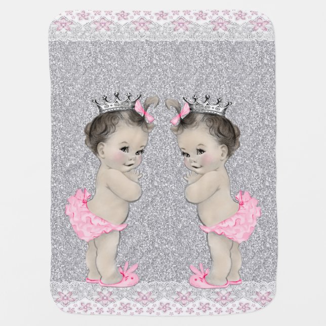 Sweet Pink and Gray Twin Girl Baby Stroller Blanket (Front)