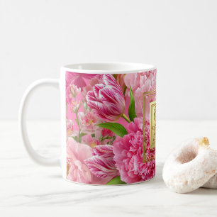 Sweet Pink and Green Peony Tulip Monogram Mug