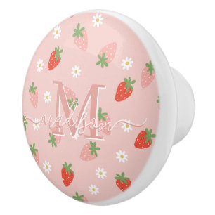 Sweet Pink and Red Strawberries Monogram Ceramic Knob