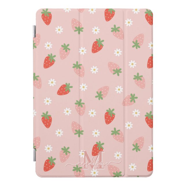 Sweet Pink and Red Strawberries Monogram iPad Pro Cover (Front)