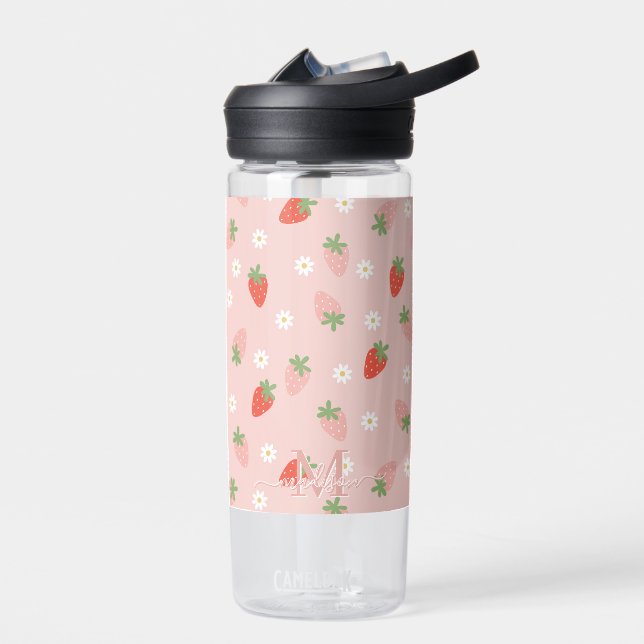 Sweet Pink and Red Strawberries Monogram  Water Bottle (Left)