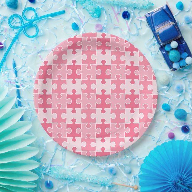 Sweet Pink and White Puzzle Pieces Paper Plates (Party)