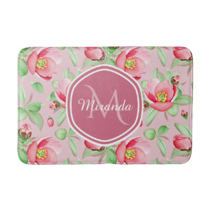 Sweet Pink Apple Blossom Floral With Monogram Bathroom Mat