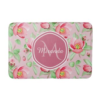 Sweet Pink Apple Blossom Floral With Monogram Bathroom Mat by ohsogirly at Zazzle