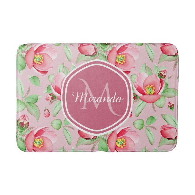Sweet Pink Apple Blossom Floral With Monogram Bathroom Mat (Front)