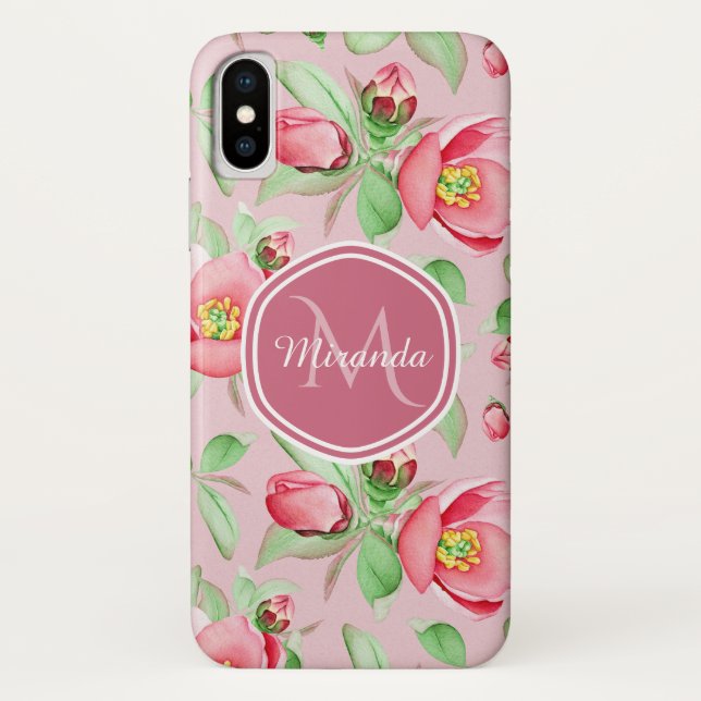 Sweet Pink Apple Blossom Floral With Monogram Case-Mate iPhone Case (Back)