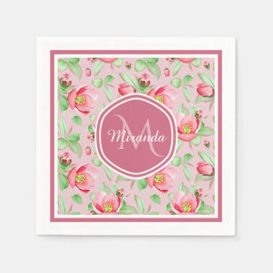 Sweet Pink Apple Blossom Floral With Monogram Napkins