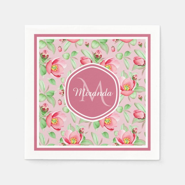 Sweet Pink Apple Blossom Floral With Monogram Napkins (Front)