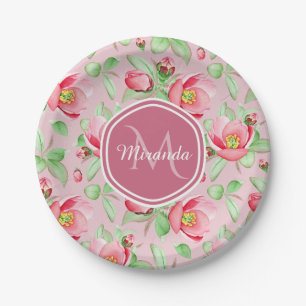 Sweet Pink Apple Blossom Floral With Monogram Paper Plates